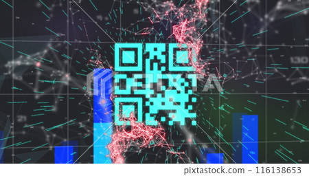 Image of qr code over network of connections on black background 116138653