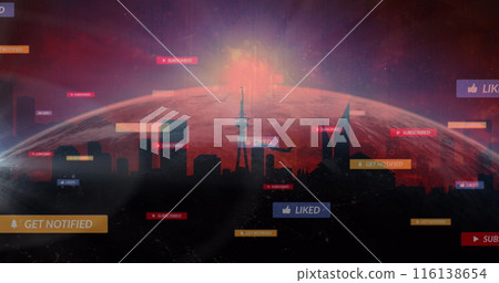 Image of globe and social media reactions over cityscape 116138654