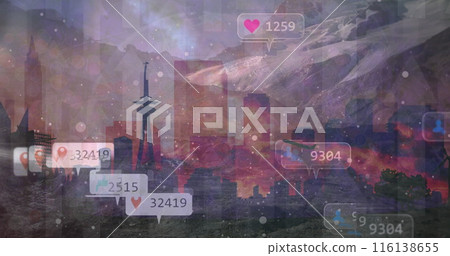 Image of landscape and social media reactions over cityscape 116138655
