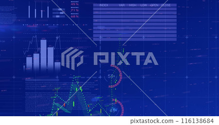 Image of financial and statistical data processing against blue background Image of financial and statistical data processing against blue background 116138684