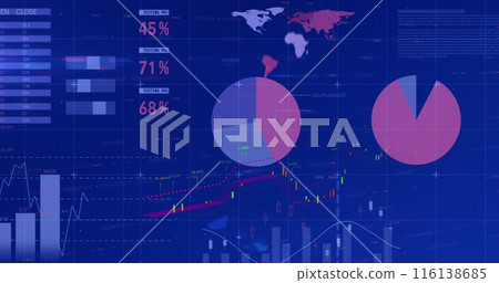 Image of financial and statistical data processing against blue background Image of financial and statistical data processing against blue background 116138685