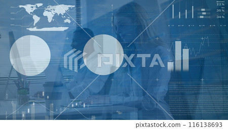 Image of financial data processing over diverse business people working at office Image of financial data processing over diverse business people working at office 116138693