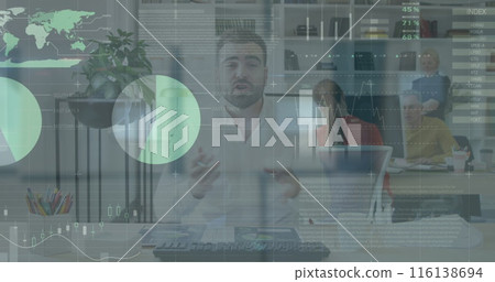 Image of financial data processing over diverse business people working at office Image of financial data processing over diverse business people working at office 116138694