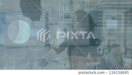 Image of financial data processing over diverse business people working at office Image of financial data processing over diverse business people working at office 116138695