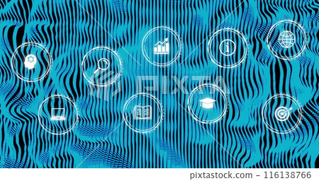 Image of network of digital icons over blue glowing lines on dark background Image of network of digital icons over blue glowing lines on dark background 116138766
