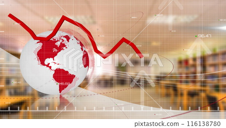 Image of financial data processing over globe and warehouse 116138780