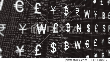 Image of currency symbols over data processing on black background Image of currency symbols over data processing on black background 116138867