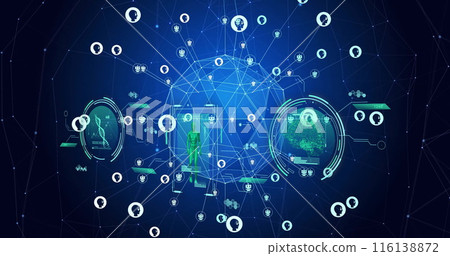 Image of globe with networks of connections, scientific data processing and ai icons 116138872
