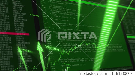 Image of graph with arrows over data processing on black background Image of graph with arrows over data processing on black background 116138879