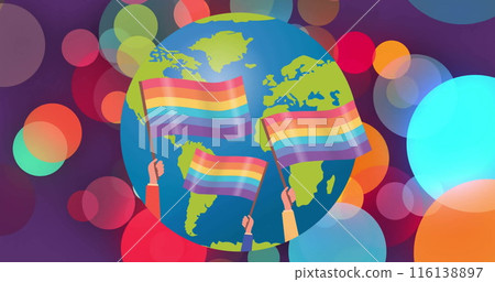 Image of rainbow flags on globe over rainbow spots Image of rainbow flags on globe over rainbow spots 116138897