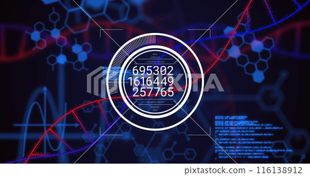 Image of data processing over dna strands on black background Image of data processing over dna strands on black background 116138912