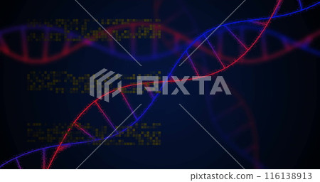 Image of dna strands over moving columns on black background 116138913