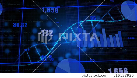 Image of dna strand over data processing on black background Image of dna strand over data processing on black background 116138926