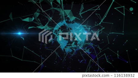 Image of network of connections and light trails over globe on black background Image of network of connections and light trails over globe on black background 116138932