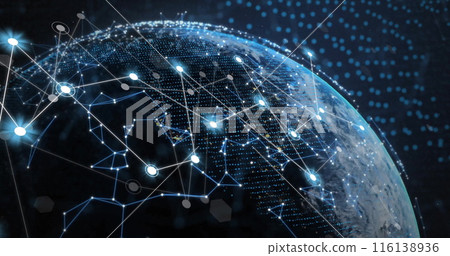 Image of network of connections over globe and light spots on black background 116138936