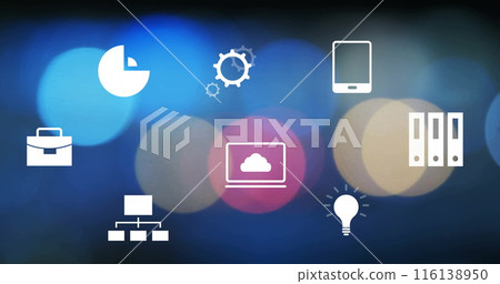 Image of business icons over bokeh on black background 116138950