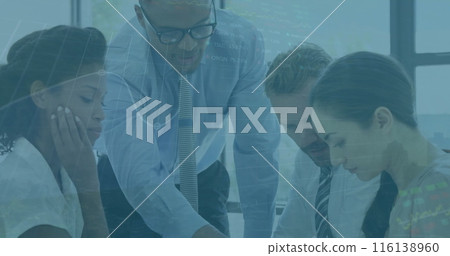 Image of financial data processing over diverse colleagues having meeting in office 116138960
