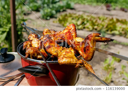 Tasty chicken wings cooking on the fire. Picnic concept. Grilled chicken wings Tasty chicken wings cooking on the fire. Picnic concept. Grilled chicken wings 116139000