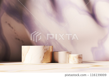 Abstract banner with a bumpy white and purple marbled background and three round exhibition stands with gold decorations. AI generated image 116139009