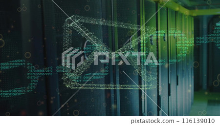 Image of envelope, data processing over computer servers 116139010