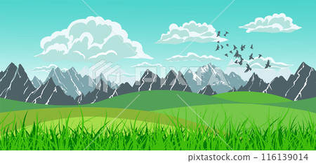 Cloudy mountain landscape horizontal. Vector illustration . hand drawing. Not AI, Cloudy mountain landscape horizontal. Vector illustration . hand drawing. Not AI, 116139014