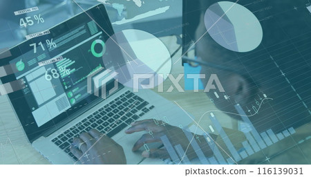 Image of financial data processing over african american businessman in office 116139031