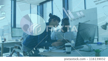 Image of financial data processing over diverse business people in office 116139032