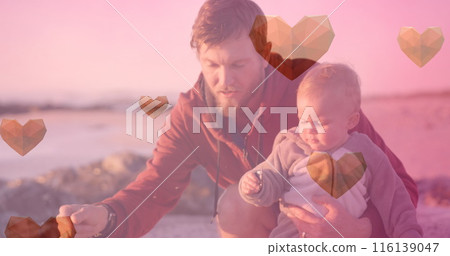 Image of heart icons over caucasian father with child at beach Image of heart icons over caucasian father with child at beach 116139047