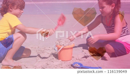 Image of heart icons over happy caucasian siblings playing at beach Image of heart icons over happy caucasian siblings playing at beach 116139049