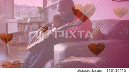 Image of heart icons over african american father with child playing guitar Image of heart icons over african american father with child playing guitar 116139050