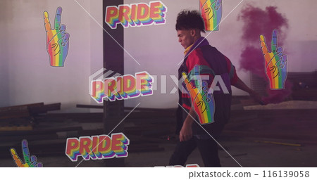 Image of pride and rainbow hands over african american male protester with smoke Image of pride and rainbow hands over african american male protester with smoke 116139058