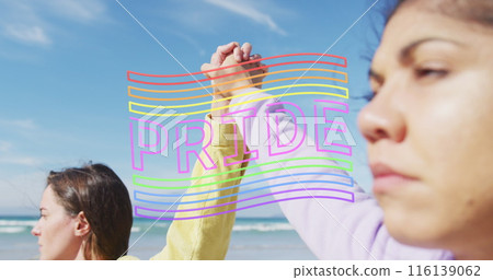 Image of pride flag over diverse lesbian couple holding hands by the sea 116139062
