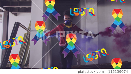 Image of lgbtq and rainbow ribbons over african american male protester with smoke 116139074