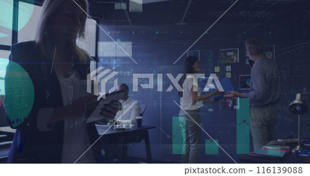 Image of financial data processing over diverse business people working in office Image of financial data processing over diverse business people working in office 116139088