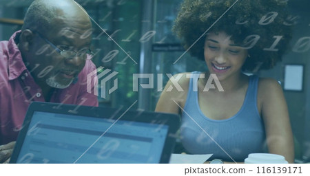 Image of diverse businesspeople in office and binary coding 116139171