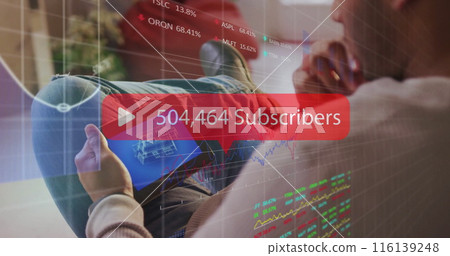 Image of subscriber text with numbers, woman using smartphone and financial data processing 116139248