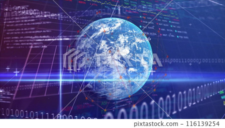 Image of financial data processing and binary coding over globe Image of financial data processing and binary coding over globe 116139254