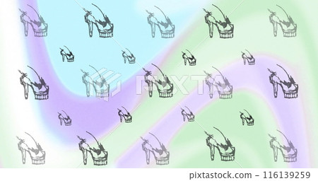 Image of women's high heeled shoes repeated over pastel swirl Image of women's high heeled shoes repeated over pastel swirl 116139259