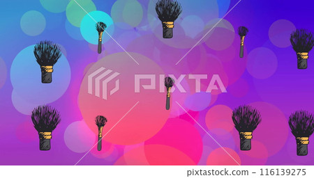 Image of makeup powder brushes over blue and pink light spots Image of makeup powder brushes over blue and pink light spots 116139275