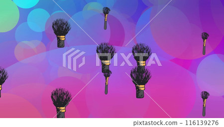 Image of makeup powder brushes over blue and pink light spots Image of makeup powder brushes over blue and pink light spots 116139276