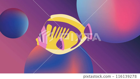 Image of tropical fish over blue and pink spheres on purple background 116139278