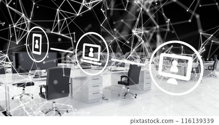 Image of technology icons and connections over office desks Image of technology icons and connections over office desks 116139339
