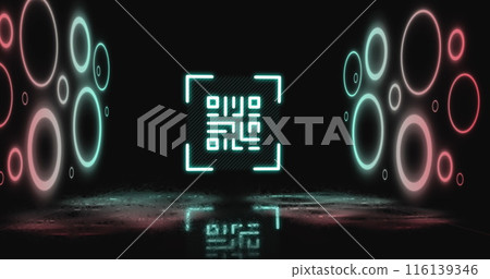 Image of qr code over neon shapes on black background Image of qr code over neon shapes on black background 116139346