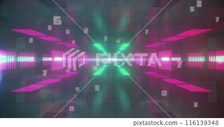Image of data processing over neon shapes on black background Image of data processing over neon shapes on black background 116139348