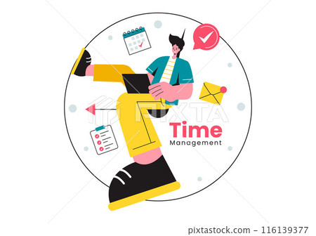 Vector Illustration of Time Management with Clock Controls and Task Planning, Training Activities, and Schedule in a Flat Cartoon Style Background 116139377