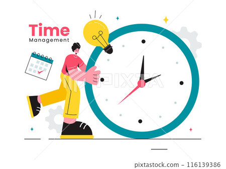 Vector Illustration of Time Management with Clock Controls and Task Planning, Training Activities, and Schedule in a Flat Cartoon Style Background 116139386