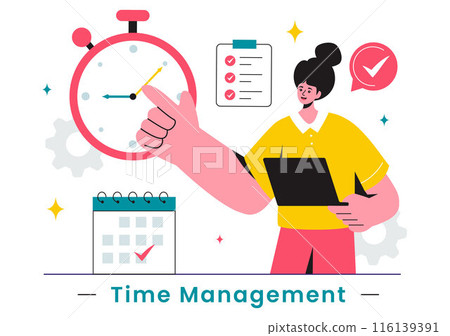 Vector Illustration of Time Management with Clock Controls and Task Planning, Training Activities, and Schedule in a Flat Cartoon Style Background Vector Illustration of Time Management with Clock Controls and Task Planning, Training Activities, and Schedule in a Flat Cartoon Style Background 116139391