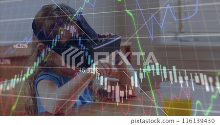 Image of financial data processing over girl using vr headset Image of financial data processing over girl using vr headset 116139430
