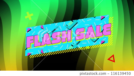 Image of flash sale text in rectangle over x symbol and triangle on abstract pattern 116139450