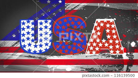 Image of usa text with stars over flag of usa on black background Image of usa text with stars over flag of usa on black background 116139500
